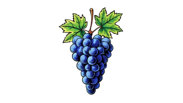 a drawing of a blue grapes with leaves and a drawing of a heart