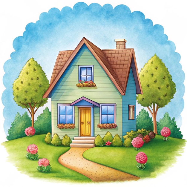 Photo a drawing of a blue house with a blue door and a tree with flowers in the front