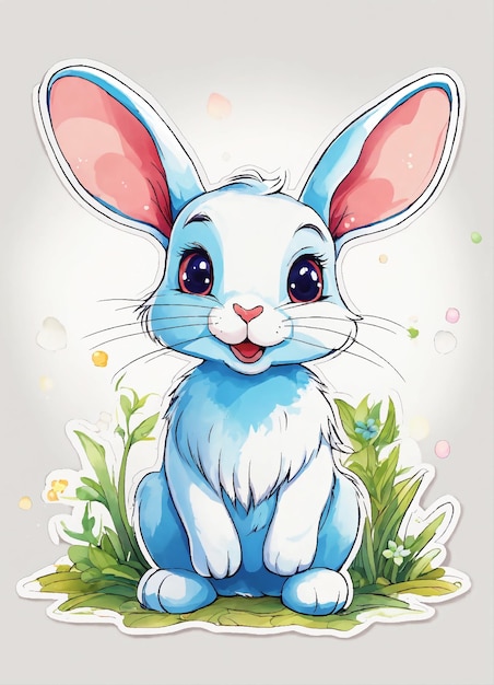 a drawing of a blue rabbit with a pink tongue sticking out