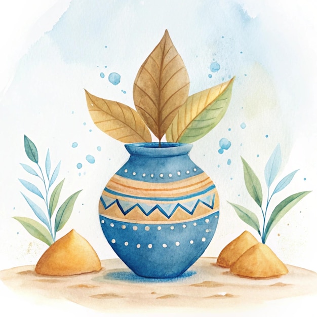 a drawing of a blue vase with a plant growing out of it