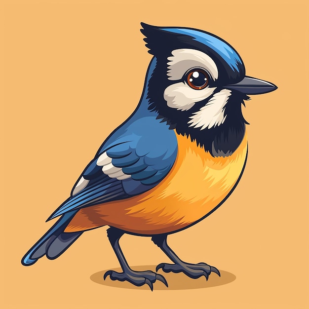 a drawing of a blue and yellow bird with a blue hat