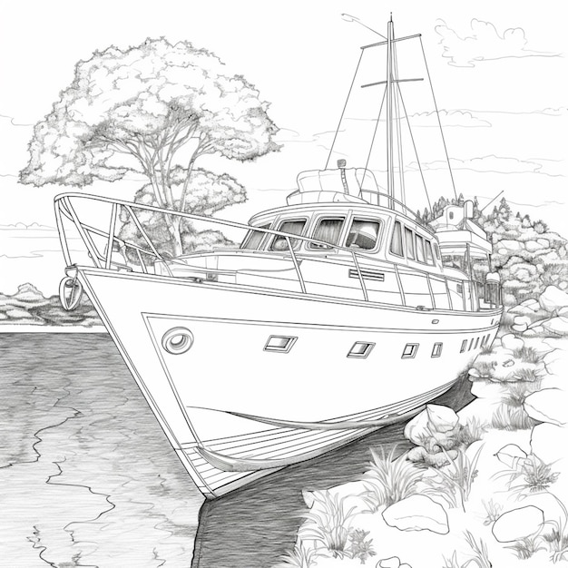 a drawing of a boat docked on a river with trees in the background generative ai