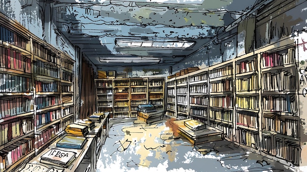 a drawing of a boat in a library with a sky painted on the ceiling