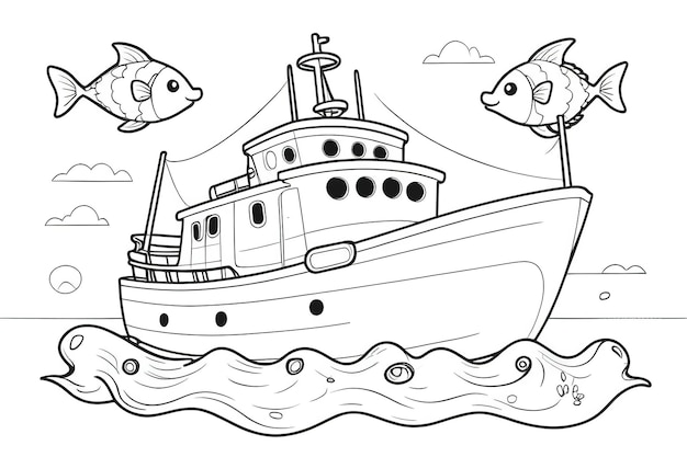 Photo a drawing of a boat with fish swimming in the water