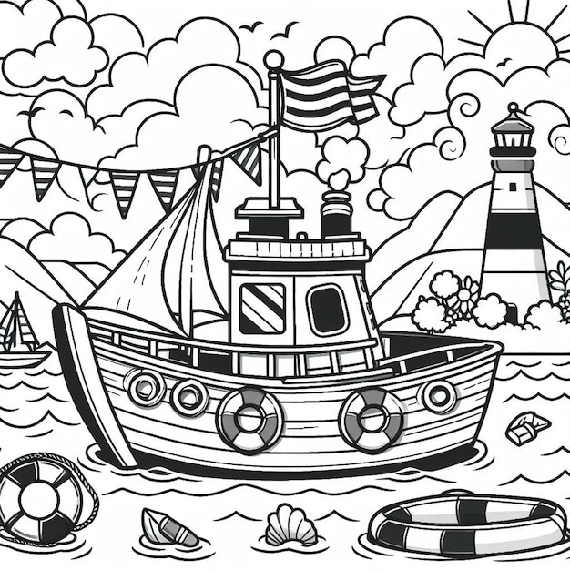 Photo a drawing of a boat with a lighthouse in the background