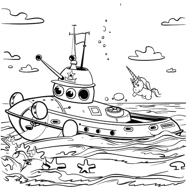 Photo a drawing of a boat with a ship on the bottom and a fish in the background