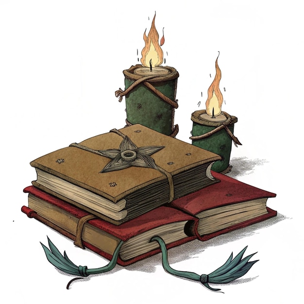 Photo a drawing of a book called the book quot the title quot with a candle on top