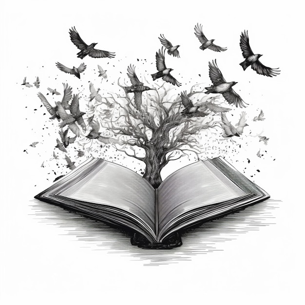 drawing of a book with a tree and birds flying out of it generative ai