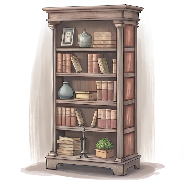 a drawing of a bookcase with books on it