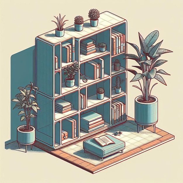 Photo a drawing of a bookcase with plants on the shelf