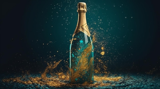 Drawing a bottle on a dark background with golden particles Generative AI