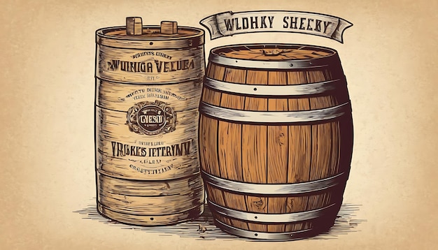 Photo a drawing of a bottle of whiskey next to a barrel of whiskeyretro collection of whiskey bottleglas