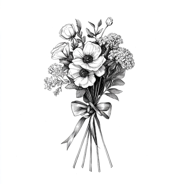 a drawing of a bouquet of flowers with a ribbon tied around it