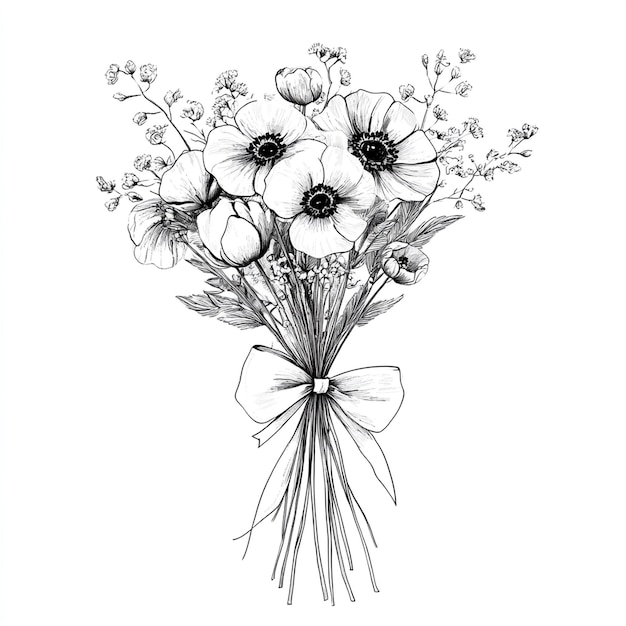 a drawing of a bouquet of flowers with a ribbon tied around the top