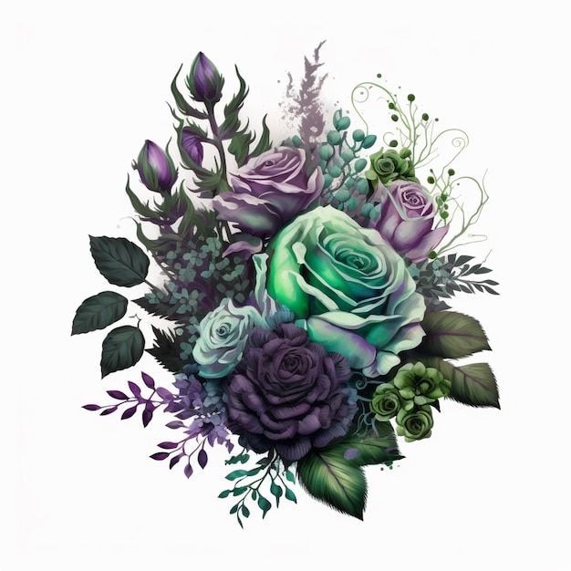 A drawing of a bouquet of roses with green leaves and purple flowers.