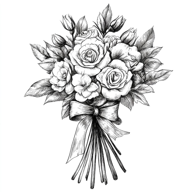 Photo a drawing of a bouquet of roses with a ribbon around the top