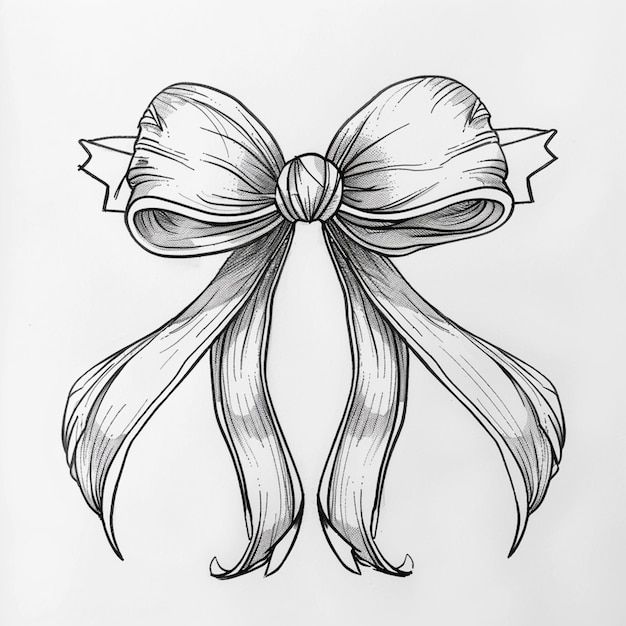 Photo drawing of a bow with a long ribbon on a white paper generative ai