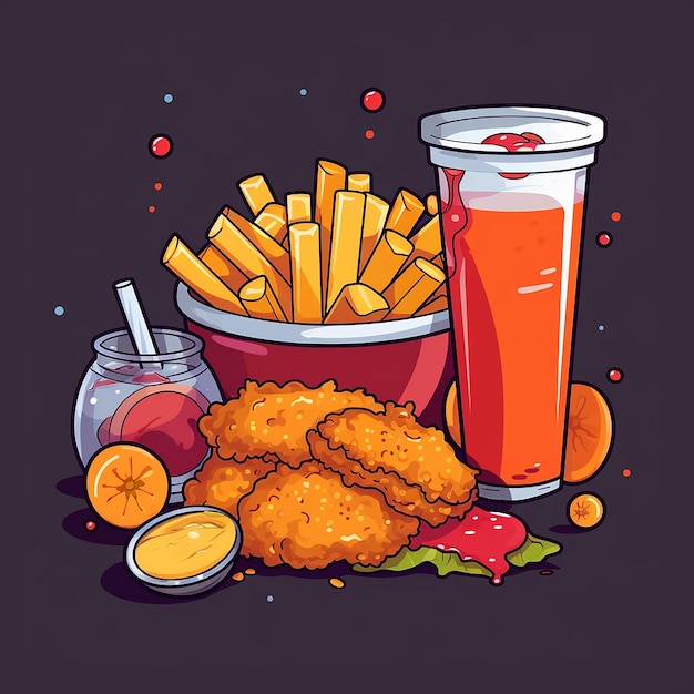 Photo a drawing of a bowl of fried chicken and fries with a cup of orange juice