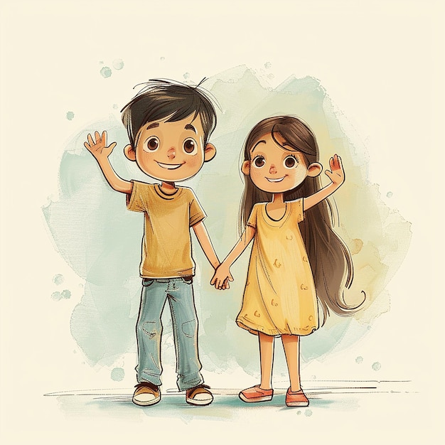 a drawing of a boy and girl holding hands with one saying  two