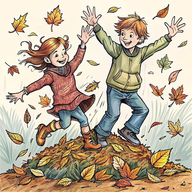 Photo a drawing of a boy and girl jumping in the air with autumn leaves