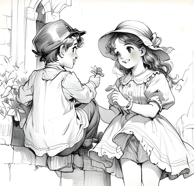 a drawing of a boy and a girl with a flower in their hand