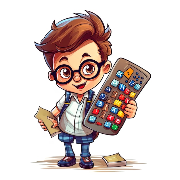 Photo a drawing of a boy holding a calculator and paper