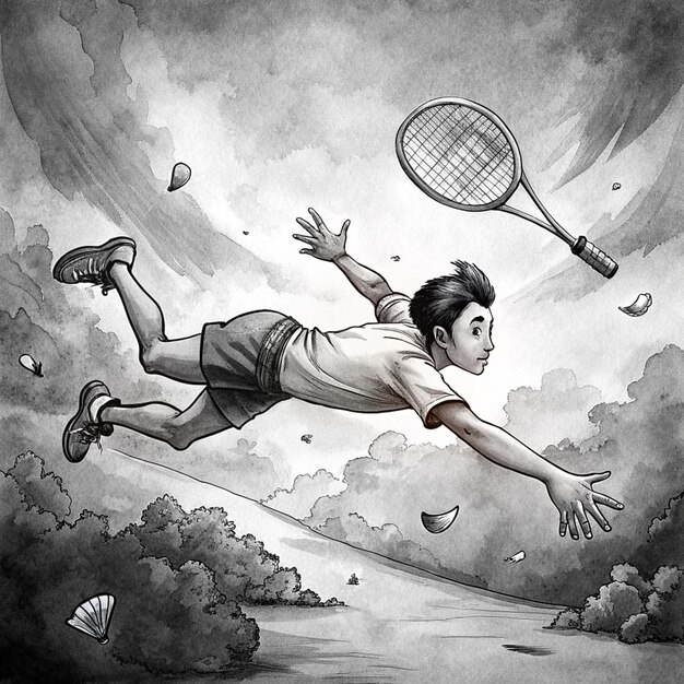 Photo a drawing of a boy jumping in the air with a tennis racket in his hand