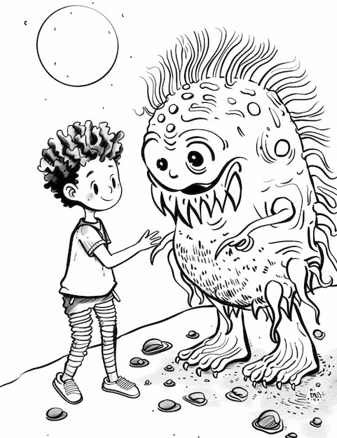 Photo a drawing of a boy and a monster with big eyes