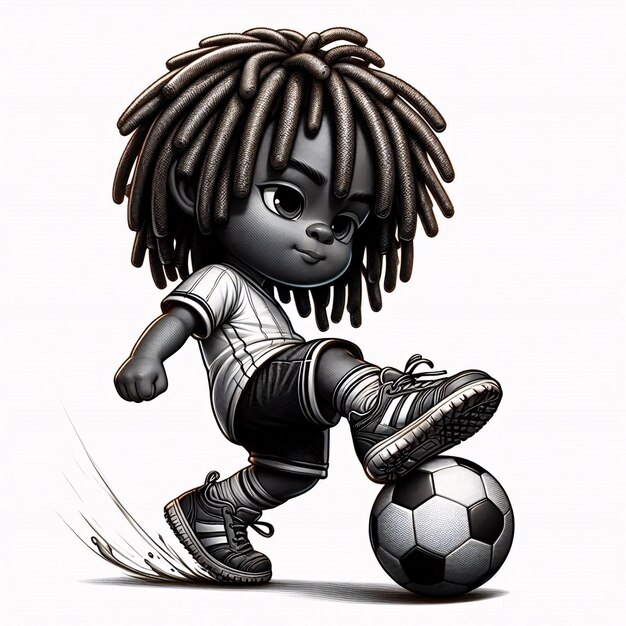 a drawing of a boy playing a soccer ball in dreadlock hair