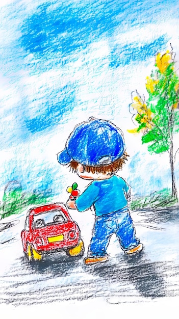 A drawing of a boy playing with a toy car