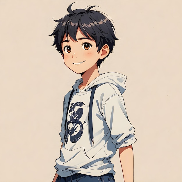 a drawing of a boy wearing a hoodie with the number b on it