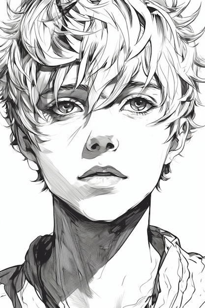 A drawing of a boy with curly hair.