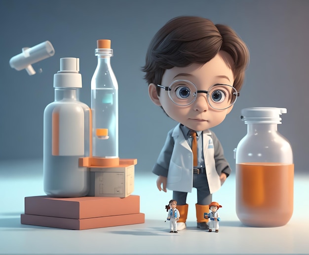 a drawing of a boy with glasses and a bottle of liquid.