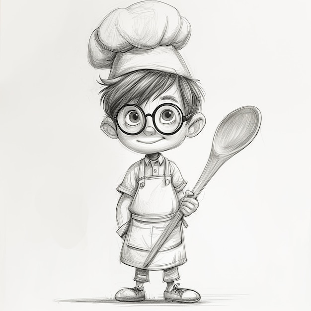 Photo a drawing of a boy with glasses and a chef hat holding a spoon