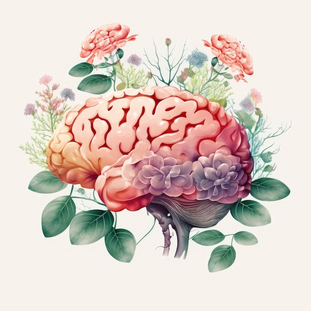 A drawing of a brain with flowers on the top.