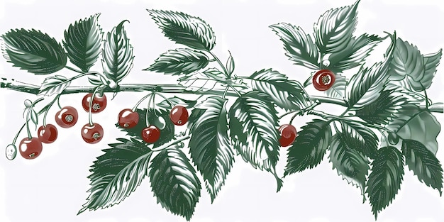 Photo a drawing of a branch with berries and leaves that say cherries