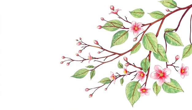 Photo a drawing of a branch with pink flowers and green leaves