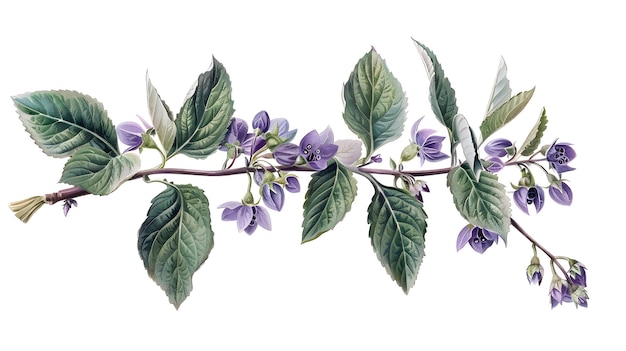 a drawing of a branch with purple flowers and green leaves