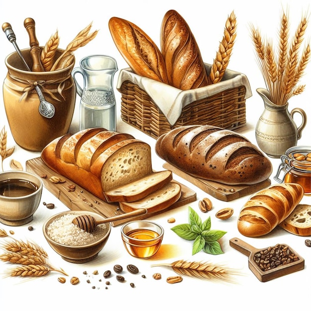 a drawing of bread and wheat on a table with a jar of wheat and wheat