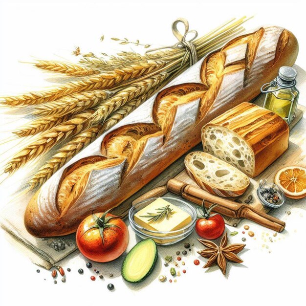 a drawing of bread and wheat on a white background