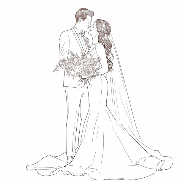 a drawing of a bride and groom in a wedding dress