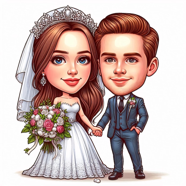 a drawing of a bride and groom with a bride and a bouquet of flowers