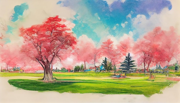 Drawing of bright Japanese park blossom pink red tree