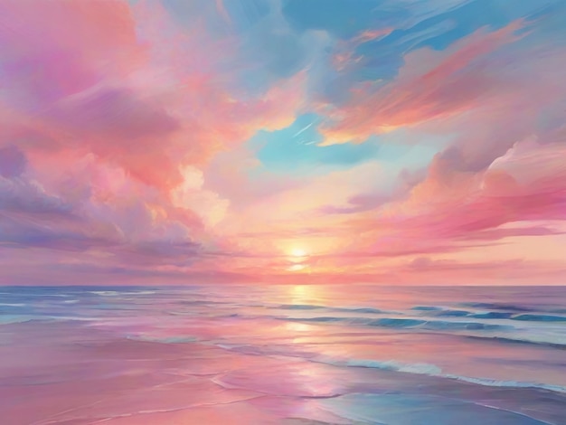 Drawing of bright sea sunset sunrise Sky in the pink and blue colors effect of light pastel color