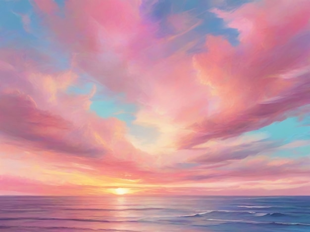 Drawing of bright sea sunset sunrise Sky in the pink and blue colors effect of light pastel color