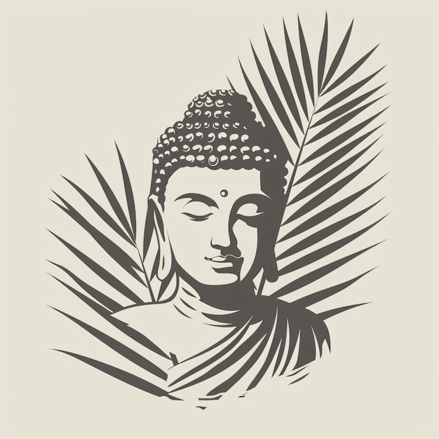 a drawing of a buddha with a palm leaf in the background