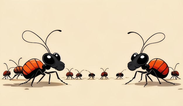 a drawing of a bug with a group of ants in the background