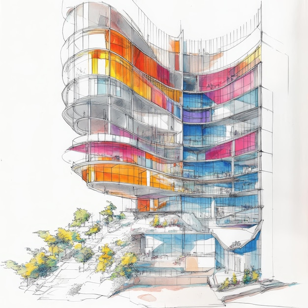 a drawing of a building with a blue and orange design