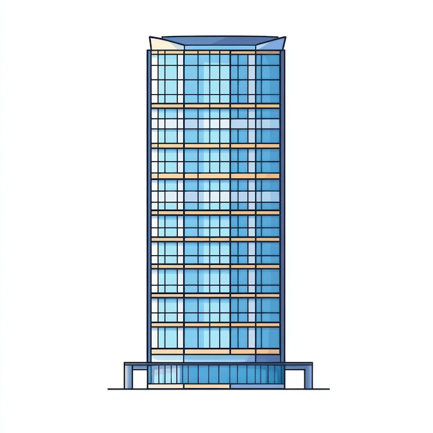 a drawing of a building with blue windows and a blue and white background