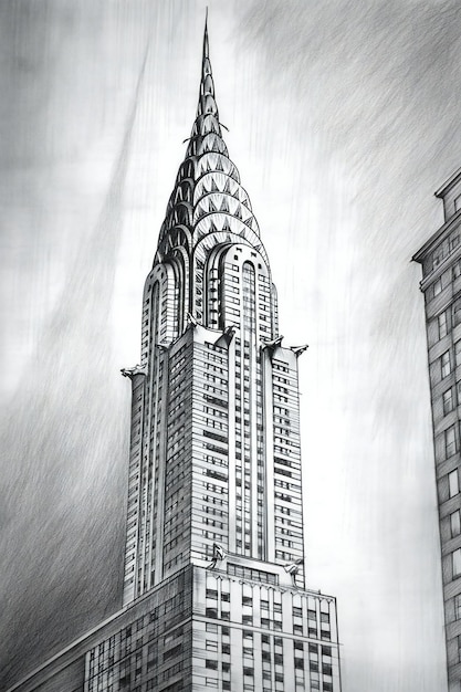 A drawing of a building with the chrysler building on the left.